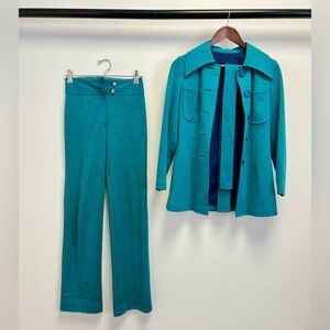 Vintage Teal 2-Piece Suit Set | Retro Jacket + High Waist Pants XS